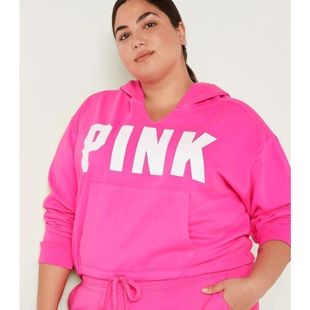 PINK Victorias Secret Cinched‎ Crop Hoodie & Sweatpants Atomic Pink Set L/XL - Picture 9 of 11